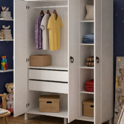 3 KAPILI, 2 ÇEKMECELİ BEYAZ  GARDIROP, ELBİSE DOLABI, ÇOCUK ODASI DOLABI
